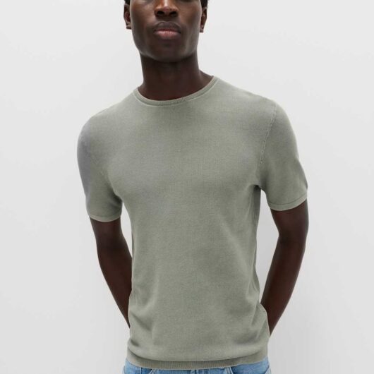 M&S Pure Cotton Garment Dyed Knitted T-Shirt Dark Sage