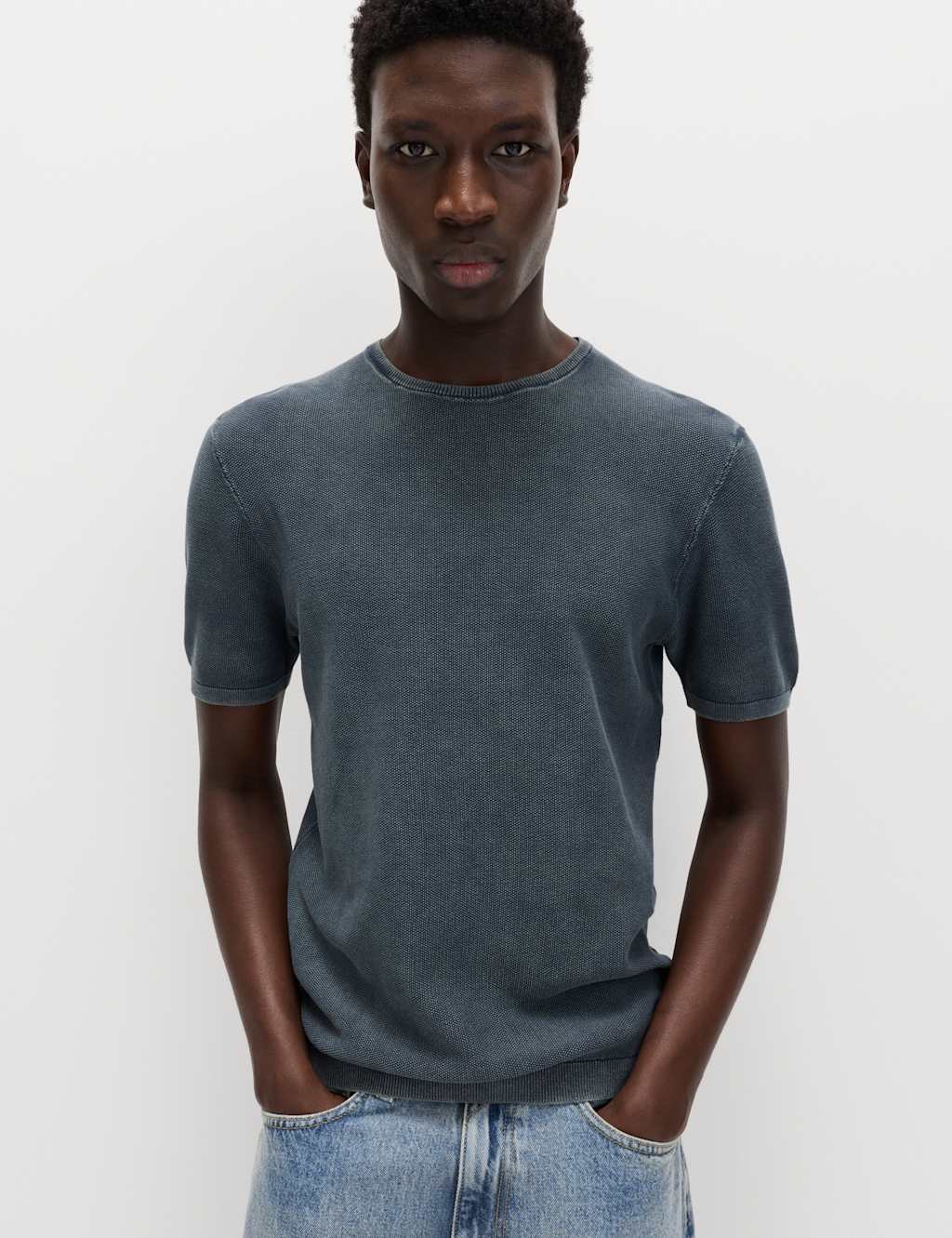 M&S Pure Cotton Garment Dyed Knitted T-Shirt Navy