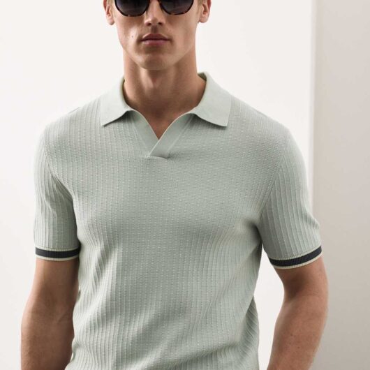 M&S Pure Cotton Knitted Polo Shirt Silver Grey