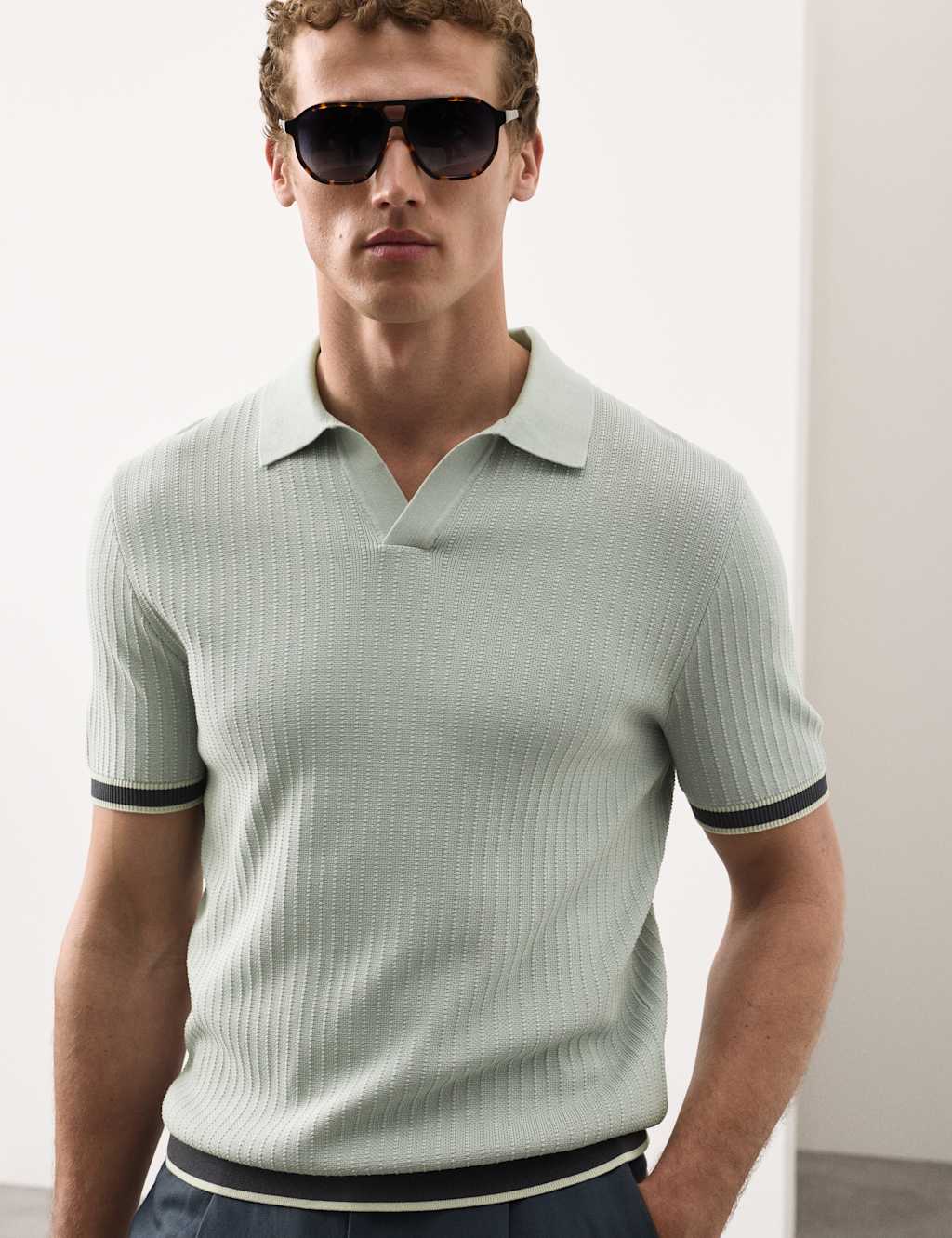 M&S Pure Cotton Knitted Polo Shirt Silver Grey