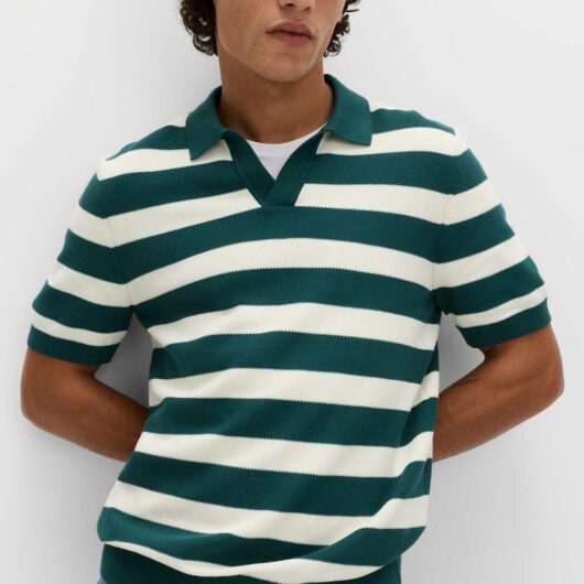 M&S Pure Cotton Striped Knitted Polo Shirt Green Mix