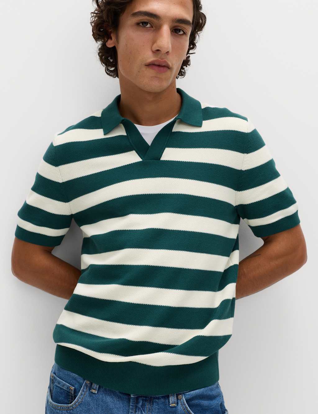 M&S Pure Cotton Striped Knitted Polo Shirt Green Mix