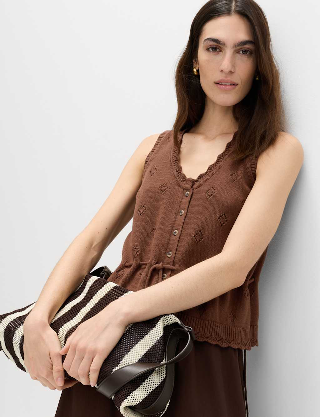 M&S Pure Cotton Textured Cropped Knitted Vest Conker