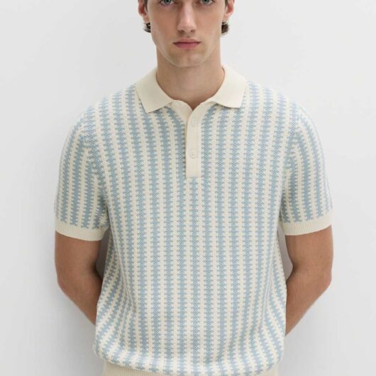 M&S Pure Cotton Textured Striped Knitted Polo Shirt Soft Blue Mix
