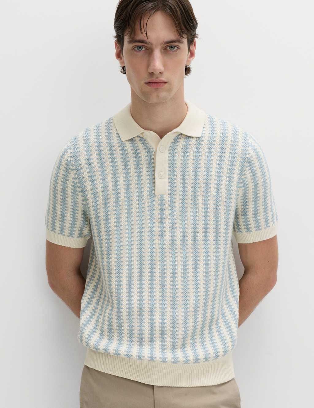 M&S Pure Cotton Textured Striped Knitted Polo Shirt Soft Blue Mix