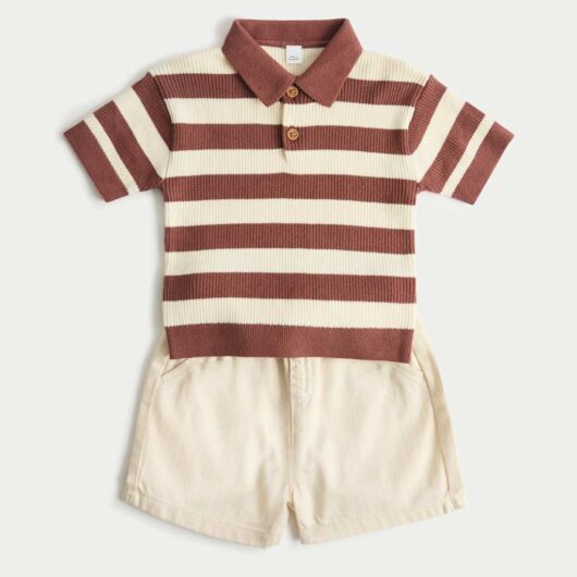 M&S Striped Knit Top & Shorts Outfit (0-5 Yrs) Brown