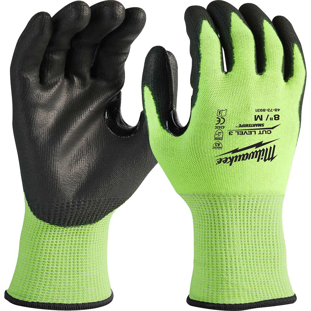 Milwaukee Hi Vis Cut Level 3 Dipped Work Gloves Black / Yellow M Pack of 1