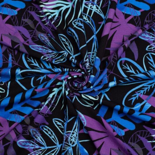 Minerva Exclusive Lithograph Leaves Viscose Jersey Stretch Knit POD Fabric Dusk