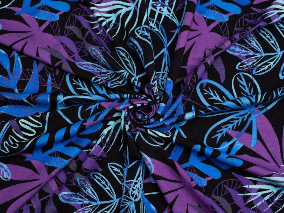 Minerva Exclusive Lithograph Leaves Viscose Jersey Stretch Knit POD Fabric Dusk