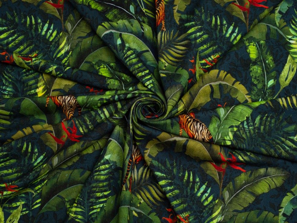 Minerva Exclusive Tiger Paradise Viscose Jersey Stretch Knit POD Fabric
