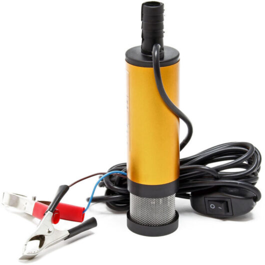 Mini Submersible Pump for Water and Diesel Fuel - 12V / 8700 RPM / 12 L/min - with Suction Screen, Battery Terminals, and Switch - Liquid Draining,