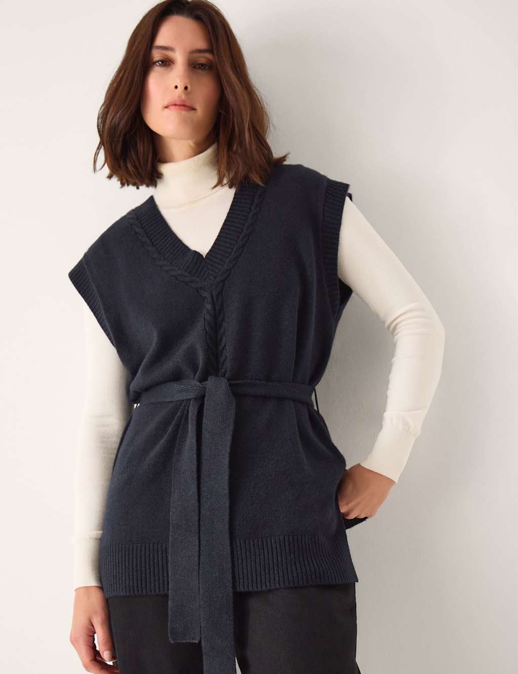 Monsoon Cable Knit V-Neck Knitted Vest Navy