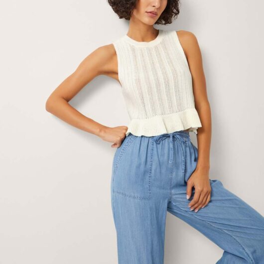 Monsoon Cotton Rich Ruffle Knitted Top Ivory