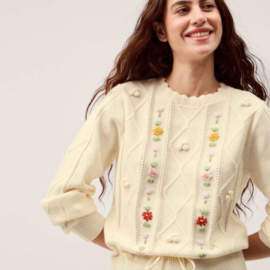Monsoon Embroidered Cable Knit Crew Neck Jumper Ivory Mix