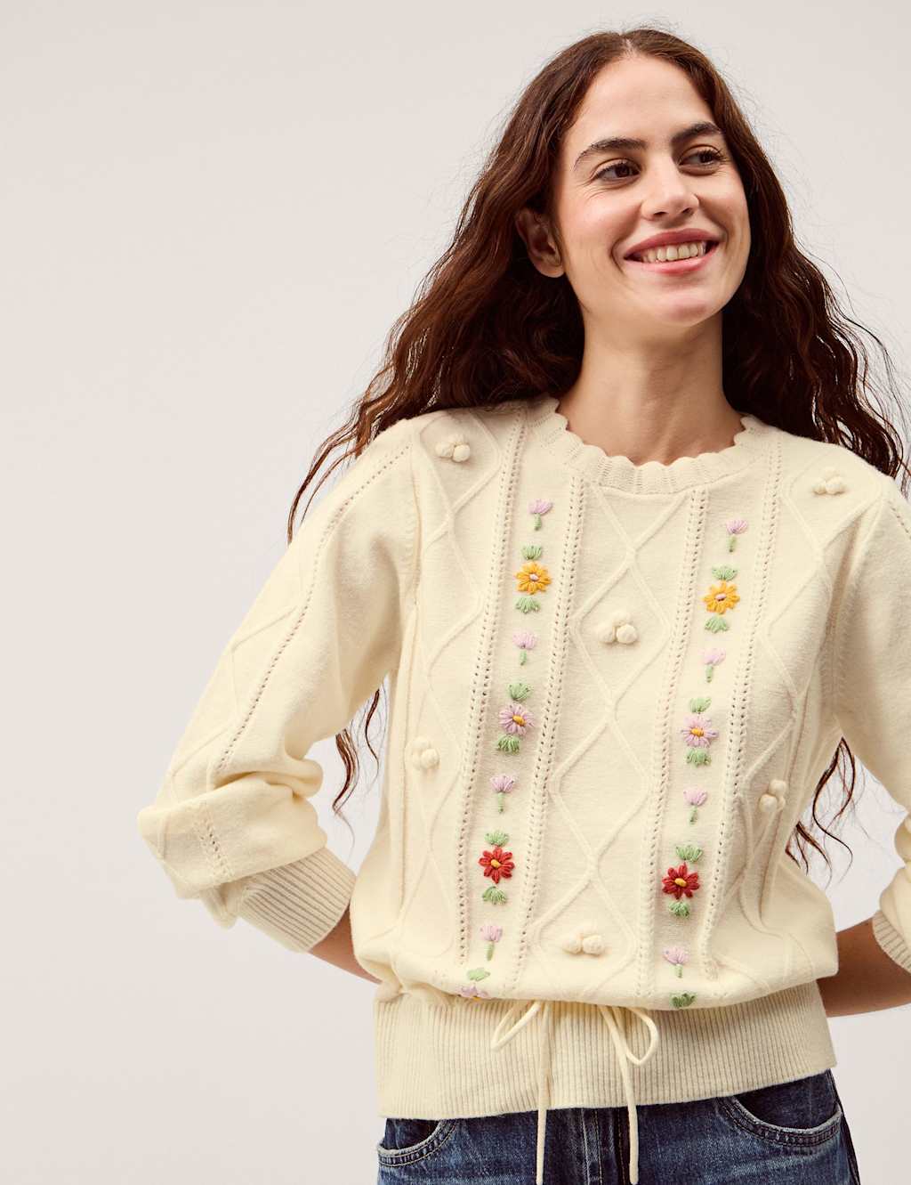 Monsoon Embroidered Cable Knit Crew Neck Jumper Ivory Mix