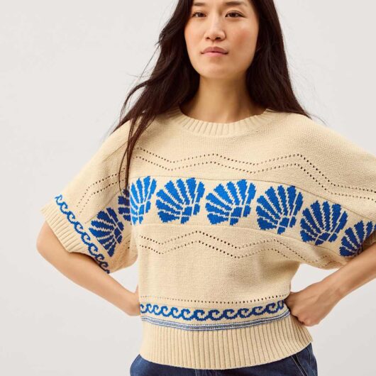 Monsoon Pure Cotton Seashell Crew Neck Knitted Top Ivory Mix