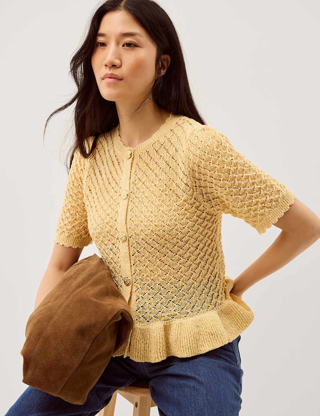 Monsoon Ruffle Knit Textured Button Front Cardigan Yellow