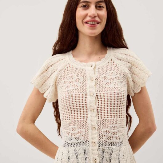 Monsoon Textured Flower Scalloped Crew Neck Cardigan Ivory