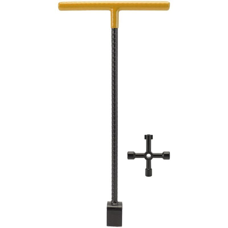 Multifunctional T-shaped steel water meter wrench with 4-way utility tool for valve taps (yellow)