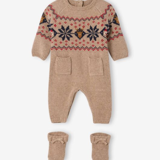 Newborn 2-piece Christmas knitted set: jumpsuit + socks marl beige
