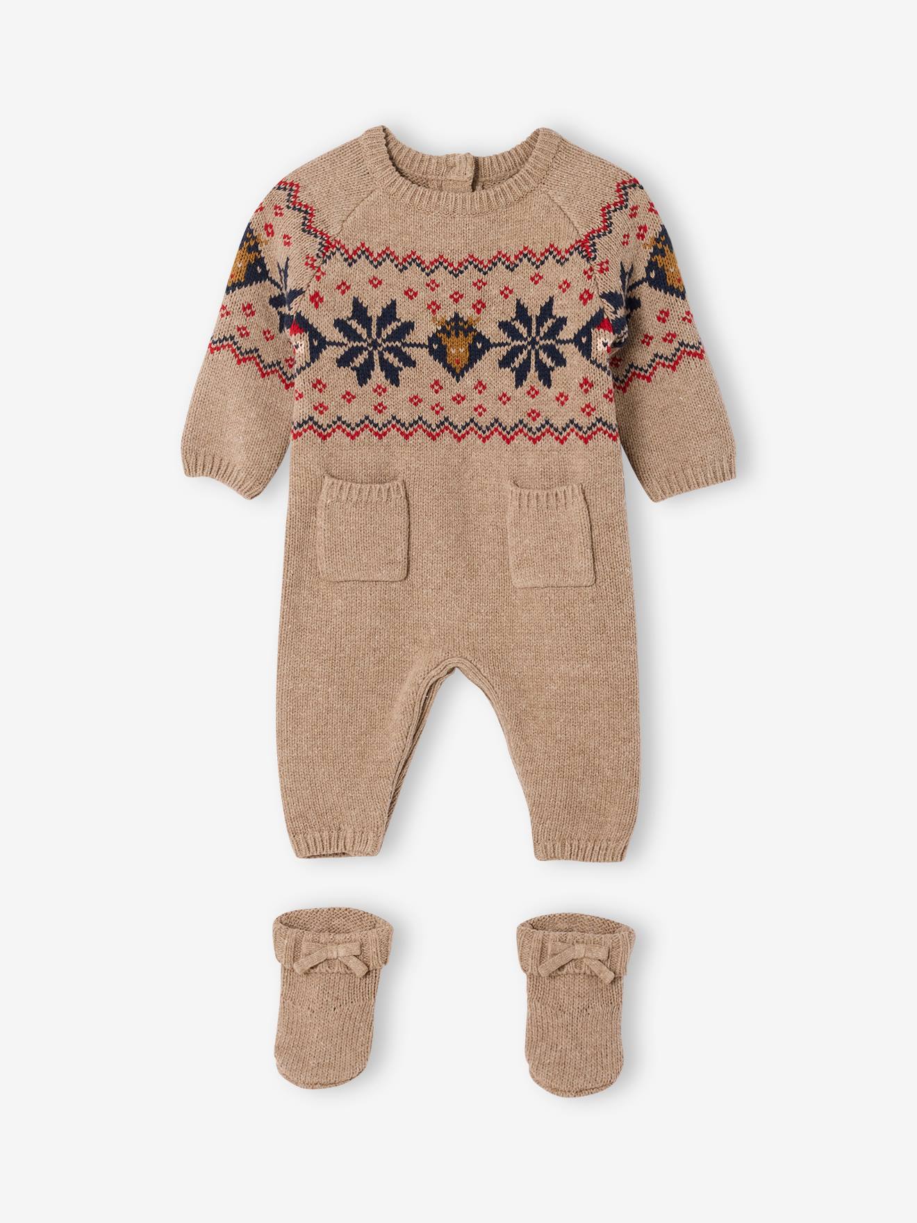 Newborn 2-piece Christmas knitted set: jumpsuit + socks marl beige