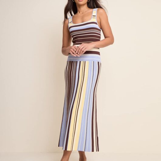 Nobody's Child Striped Knitted Square Neck Midi Bodycon Dress Multi