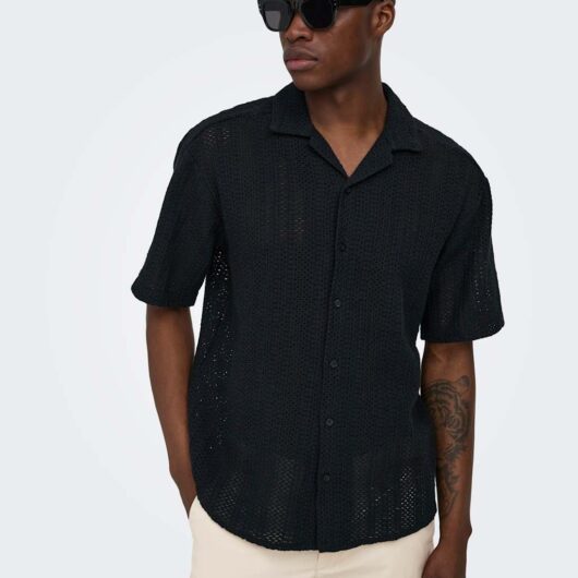 ONLY & SONS Cotton Rich Knitted Short Sleeve Shirt Black Mix