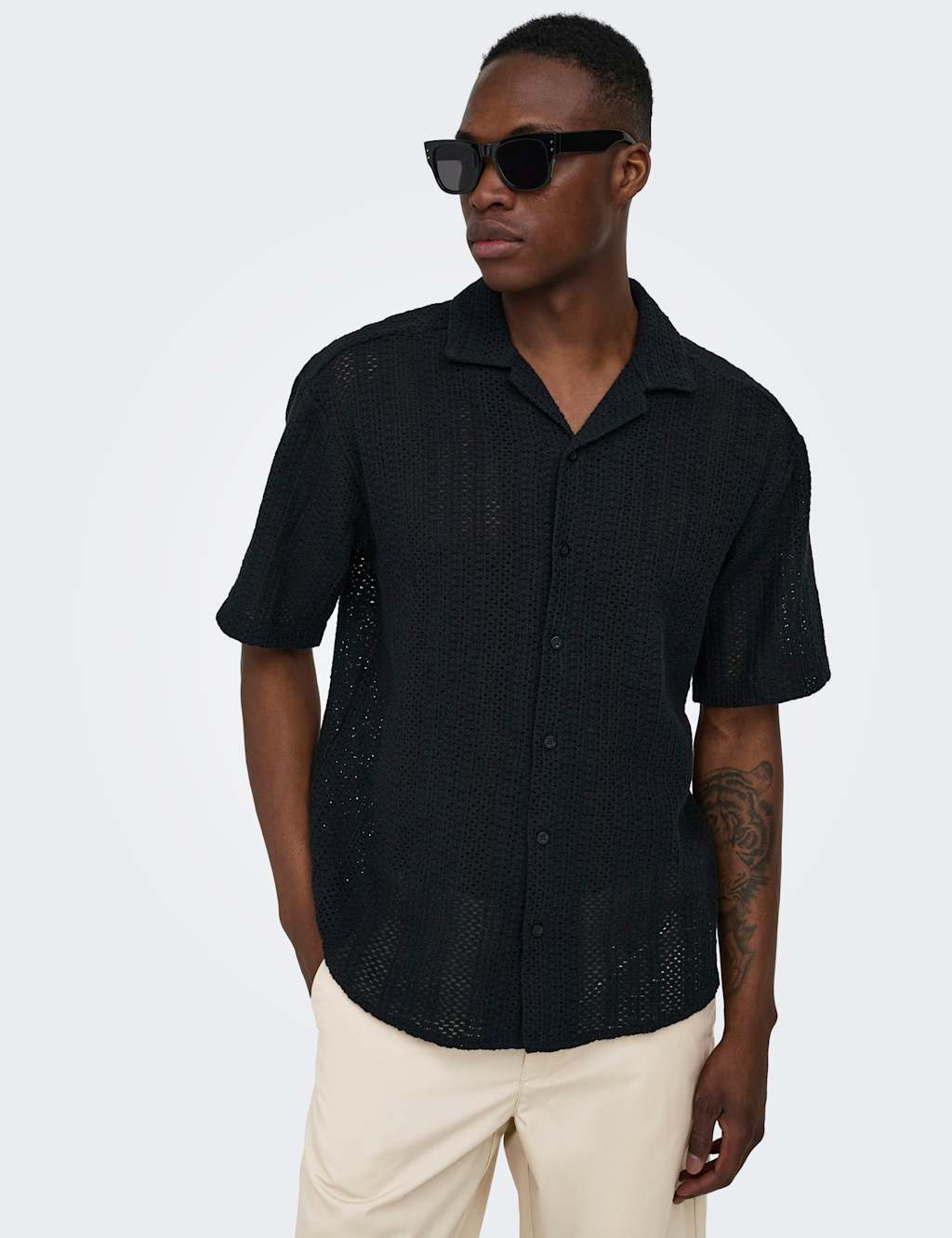 ONLY & SONS Cotton Rich Knitted Short Sleeve Shirt Black Mix