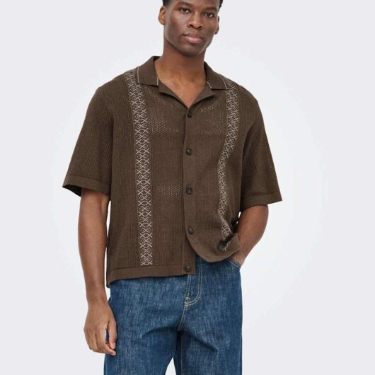 ONLY & SONS Cotton Rich Textured Knitted Polo Shirt Brown