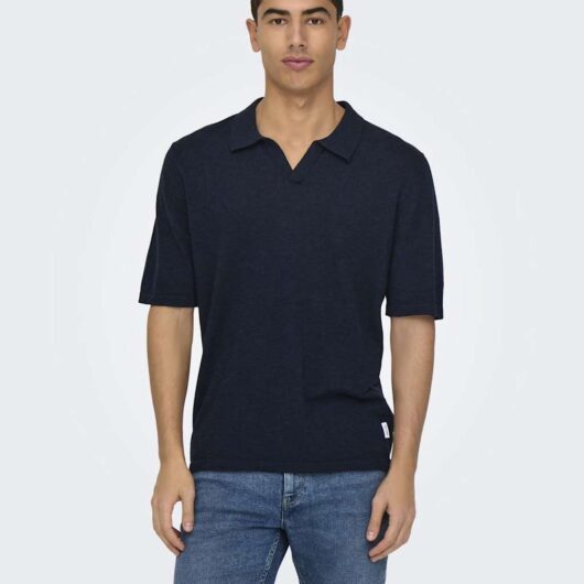 ONLY & SONS Linen Blend Knitted Polo Shirt Navy