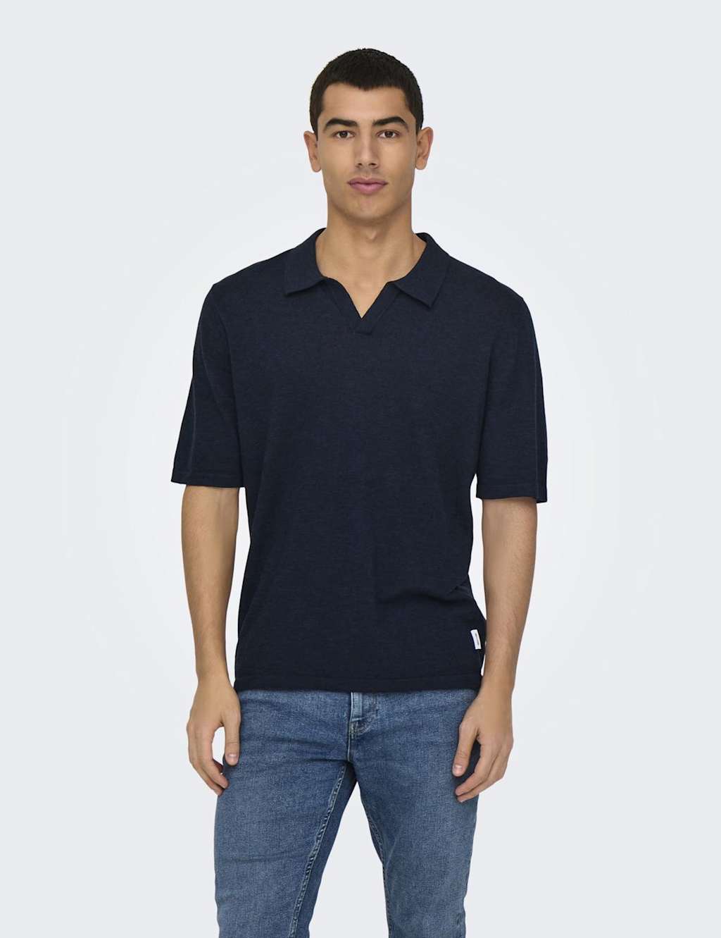 ONLY & SONS Linen Blend Knitted Polo Shirt Navy