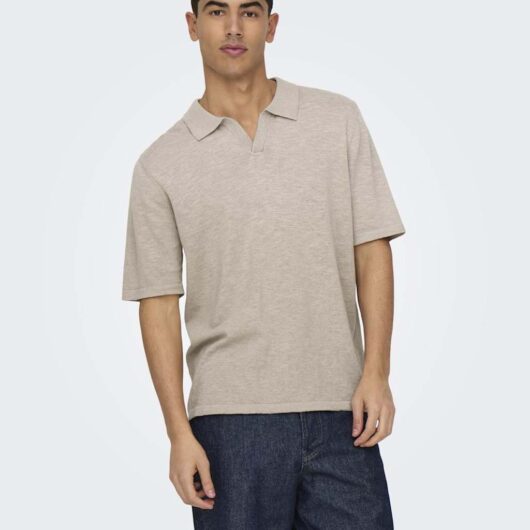 ONLY & SONS Linen Blend Knitted Polo Shirt Stone