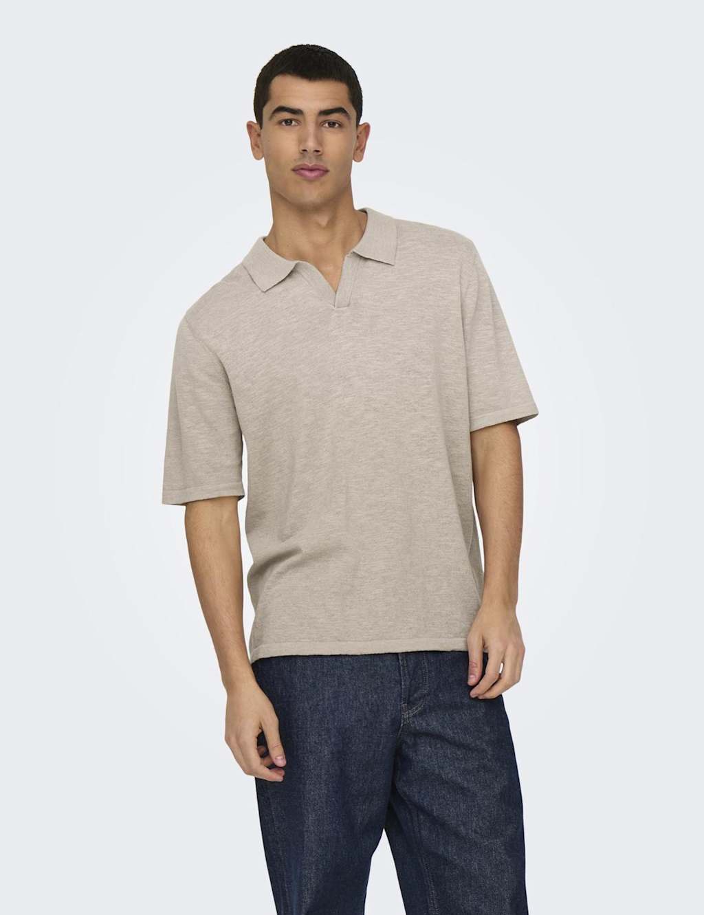 ONLY & SONS Linen Blend Knitted Polo Shirt Stone