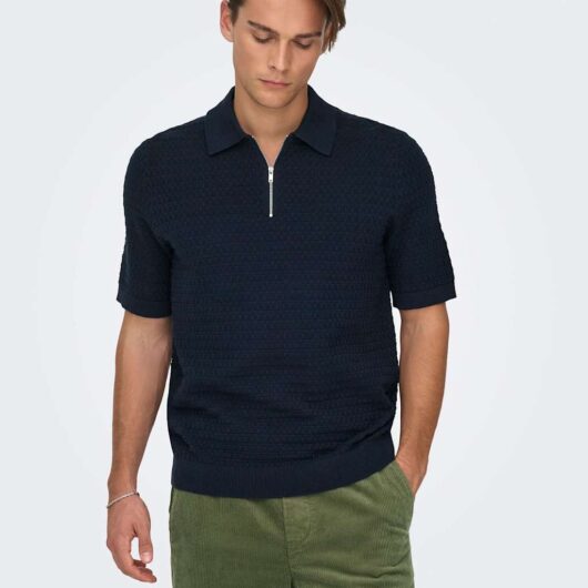 ONLY & SONS Pure Cotton Textured Knitted Polo Shirt Navy