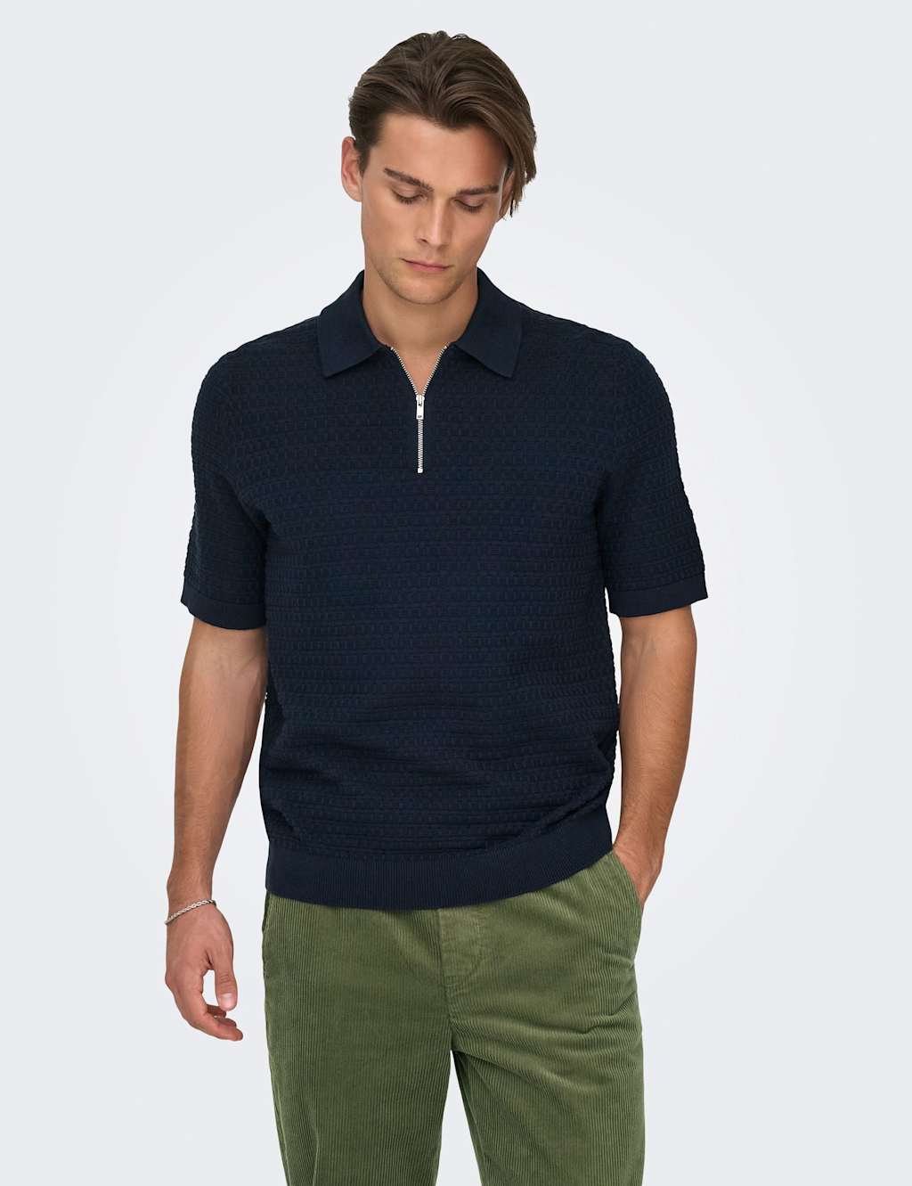 ONLY & SONS Pure Cotton Textured Knitted Polo Shirt Navy