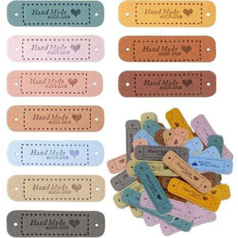 Pack of 100 Handmade Clothing Labels, Personalized Leather Labels, Handmade Sewing Labels with Holes for Knitting Crafts (10 Colors, 56 x 15 mm)