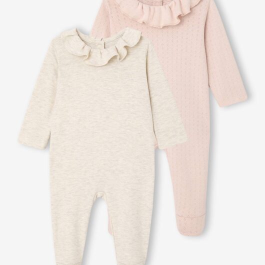 Pack of 2 Sleepsuits with Frilled Collar for Newborns marl beige