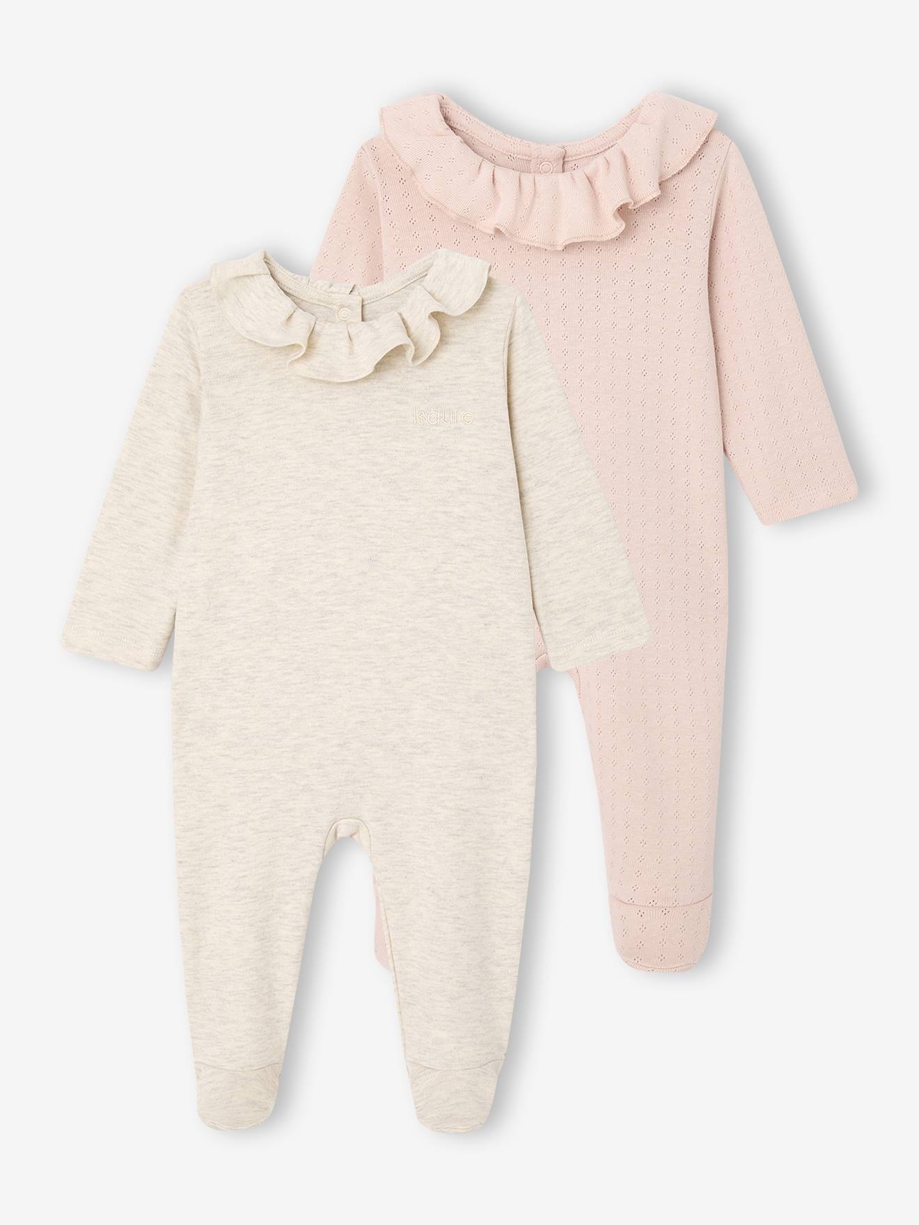 Pack of 2 Sleepsuits with Frilled Collar for Newborns marl beige