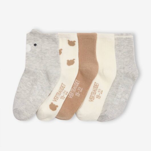 Pack of 5 Pairs of "Bear" Socks for Babies ecru