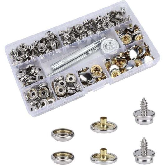 Pack of 50 marine-grade stainless steel snap fasteners with 2 fixing tools (10mm), snap fasteners, canvas snaps, metal buttons, canvas screws,