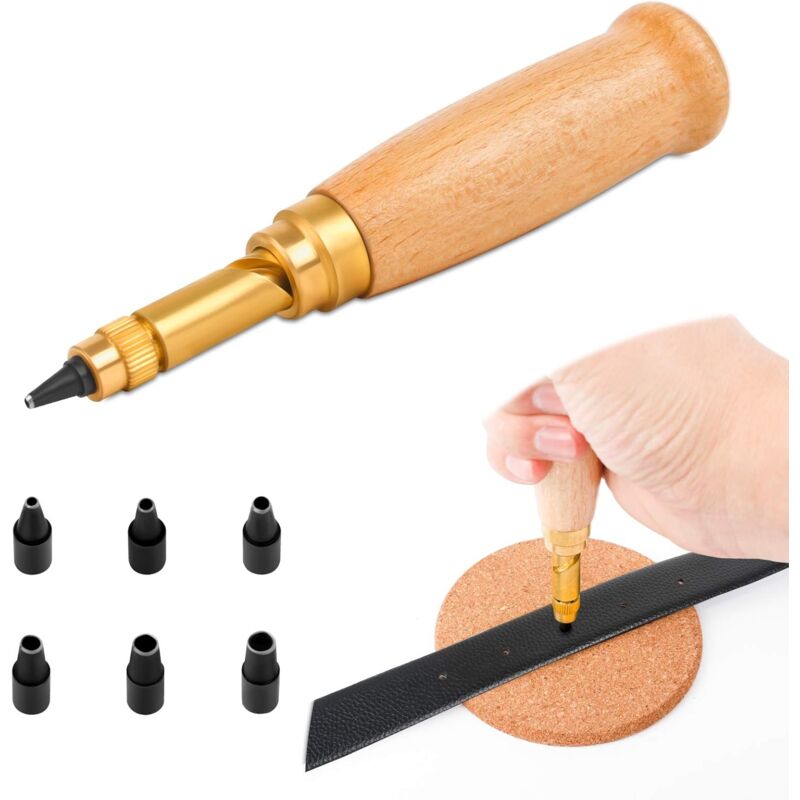 Poinçon automatique pour cuir Manche en bois avec 6 outils Pointes de reliure, 1,5 mm, 2 mm, 2,5 mm, 3 mm, 3,5 mm, 4 mm, poinçons interchangeables,