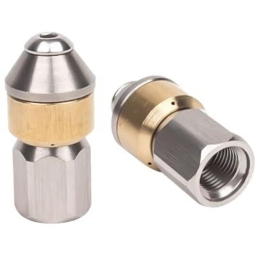 Pointed rotating pipe cleaning nozzle, stainless steel and brass rotating pipe cleaning nozzle, 1/8 cm rotating inlet, 1.5 cm outer diameter, inner