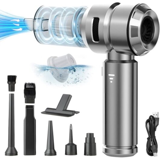 Portable mini 4-in-1 cordless vacuum cleaner, 23000PA powerful strong cyclonic vacuum cleaner, USB rechargeable portable car vacuum cleaner, silver