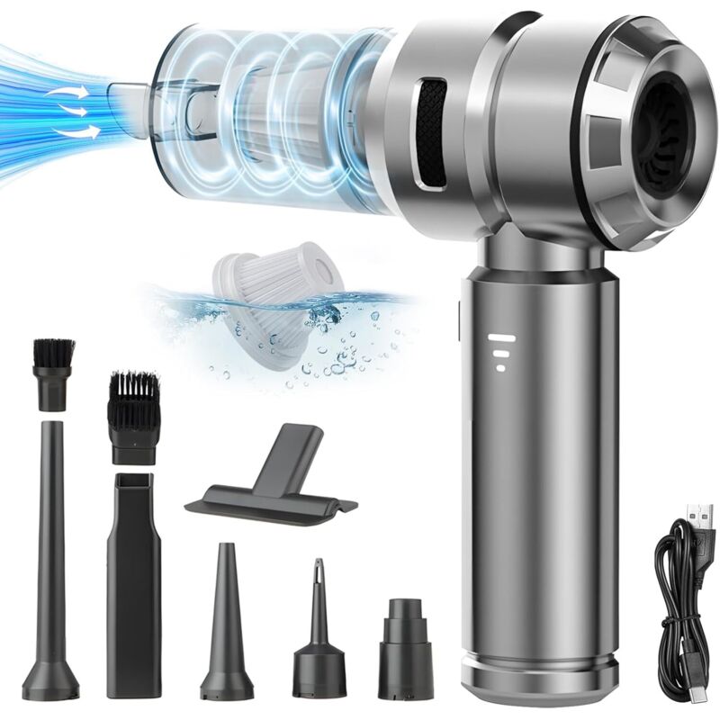 Portable mini 4-in-1 cordless vacuum cleaner, 23000PA powerful strong cyclonic vacuum cleaner, USB rechargeable portable car vacuum cleaner, silver