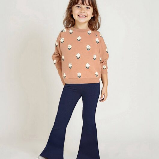 Printed Sweatshirt & Flared Leggings Set for Girls navy blue