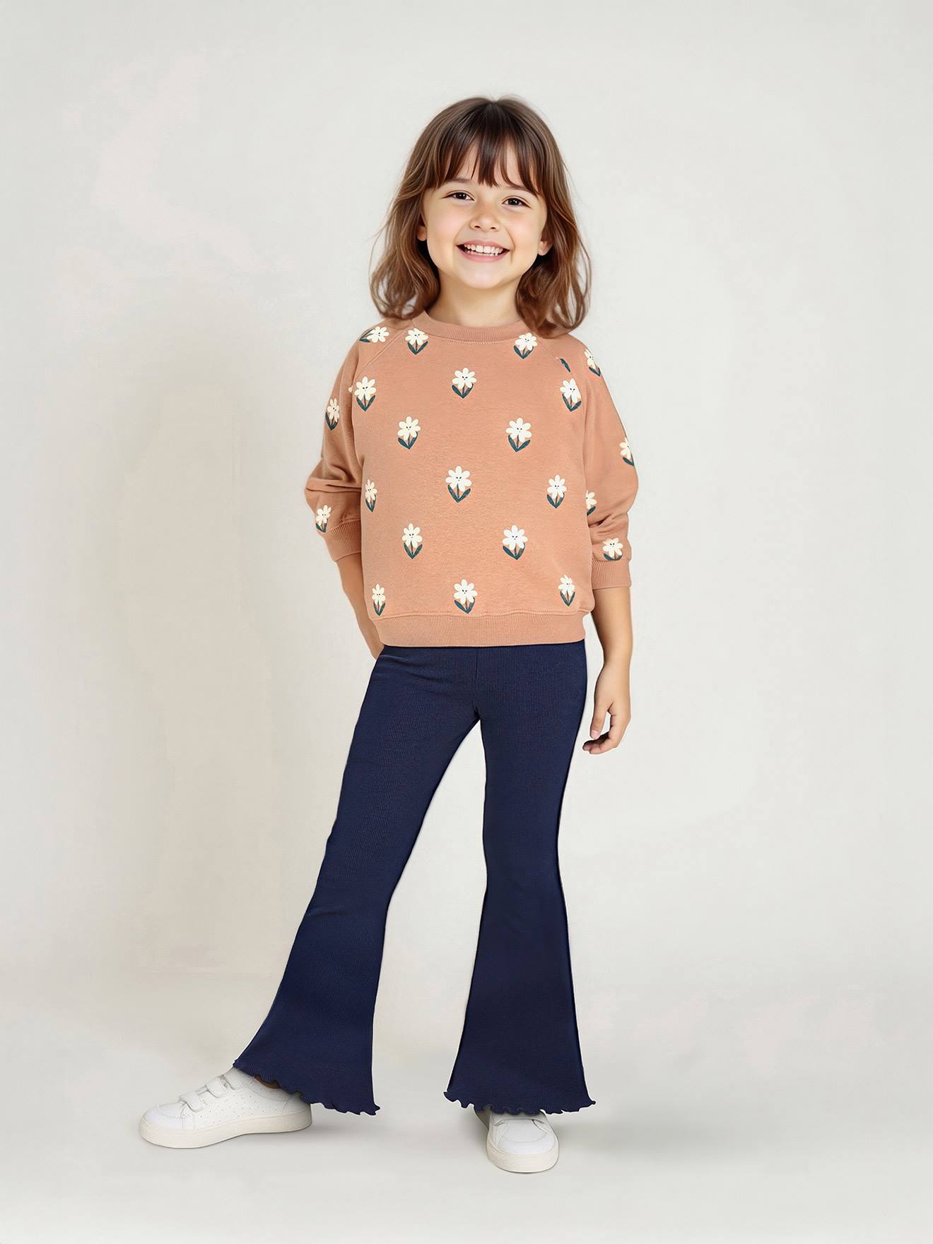 Printed Sweatshirt & Flared Leggings Set for Girls navy blue