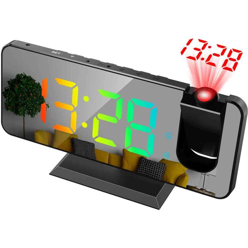 Projector alarm clock for bedroom, RGB multicolor digital clock with mirrored surface, 11 colors, 180° ceiling projector