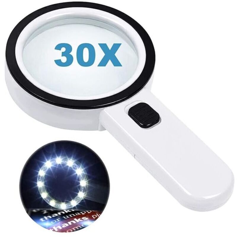 Reading magnifier with 12 LED lights, double glass lens and 30x magnification. For easy reading of coins, stamps and maps.