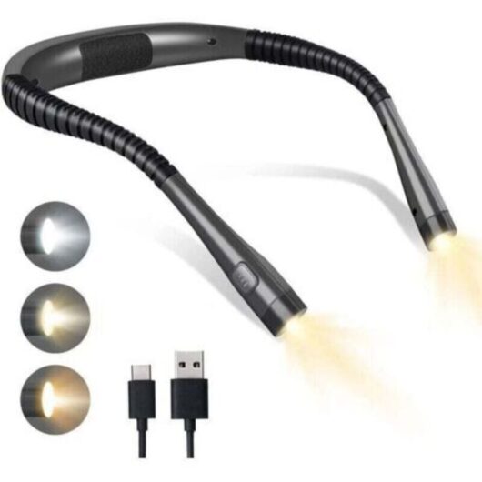 Rechargeable Neck Reading Light, Book Light for Reading in Bed, 3 Colors, 6 Brightness Levels, Foldable Arms, Long Life, Perfect for Reading,
