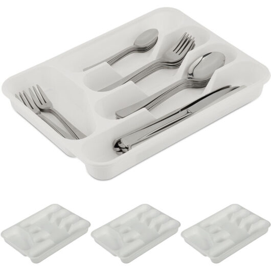 Relaxdays Cutlery Tray, for Drawers, Set of 4, HxWxD: 4 x 24.5 x 32.5 cm, 5 Compartments, Plastic Storage Box, white